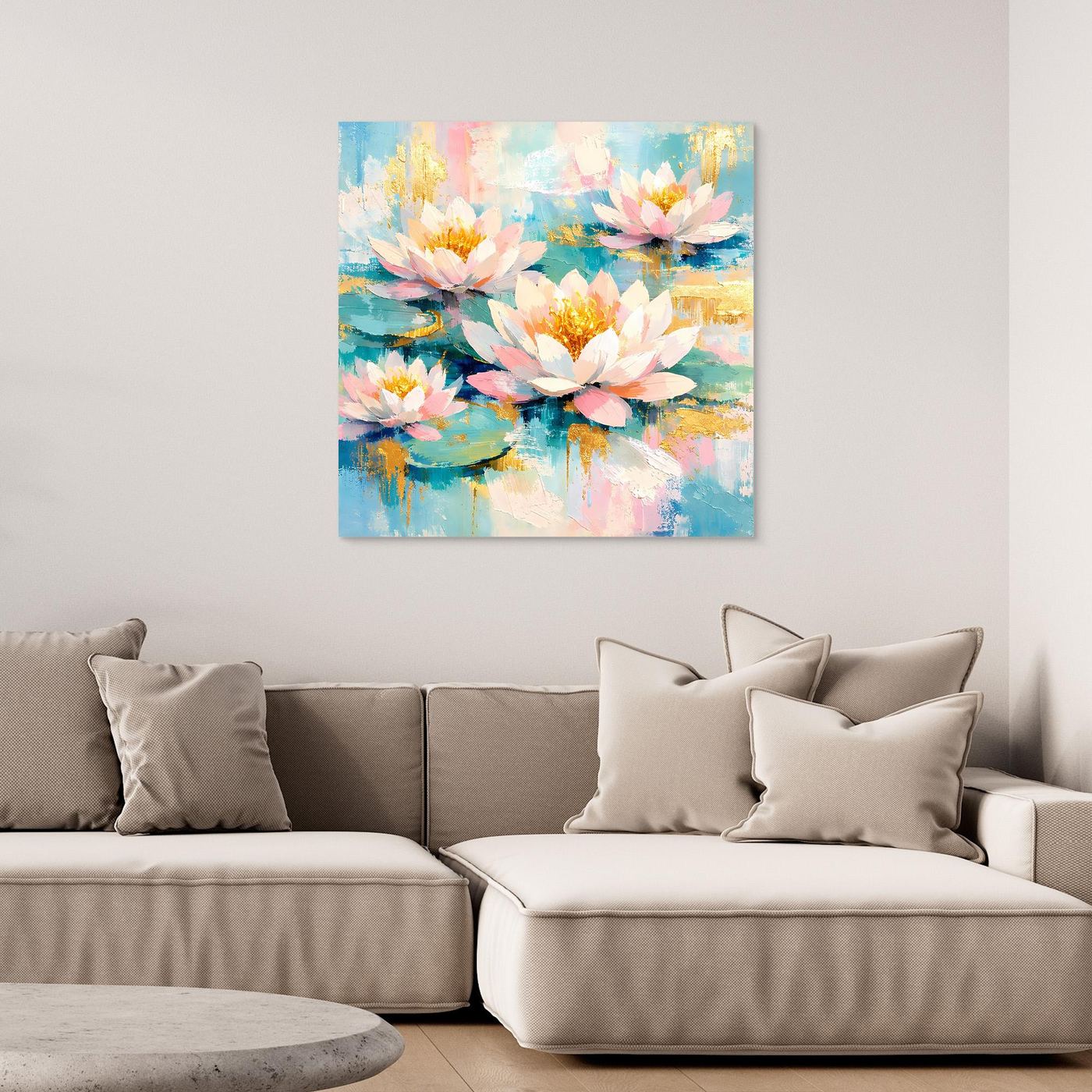 Leinwandbild mit abstrakten Seerosenblüten (Rosa, Gelb, Blau) ohne Rahmen
