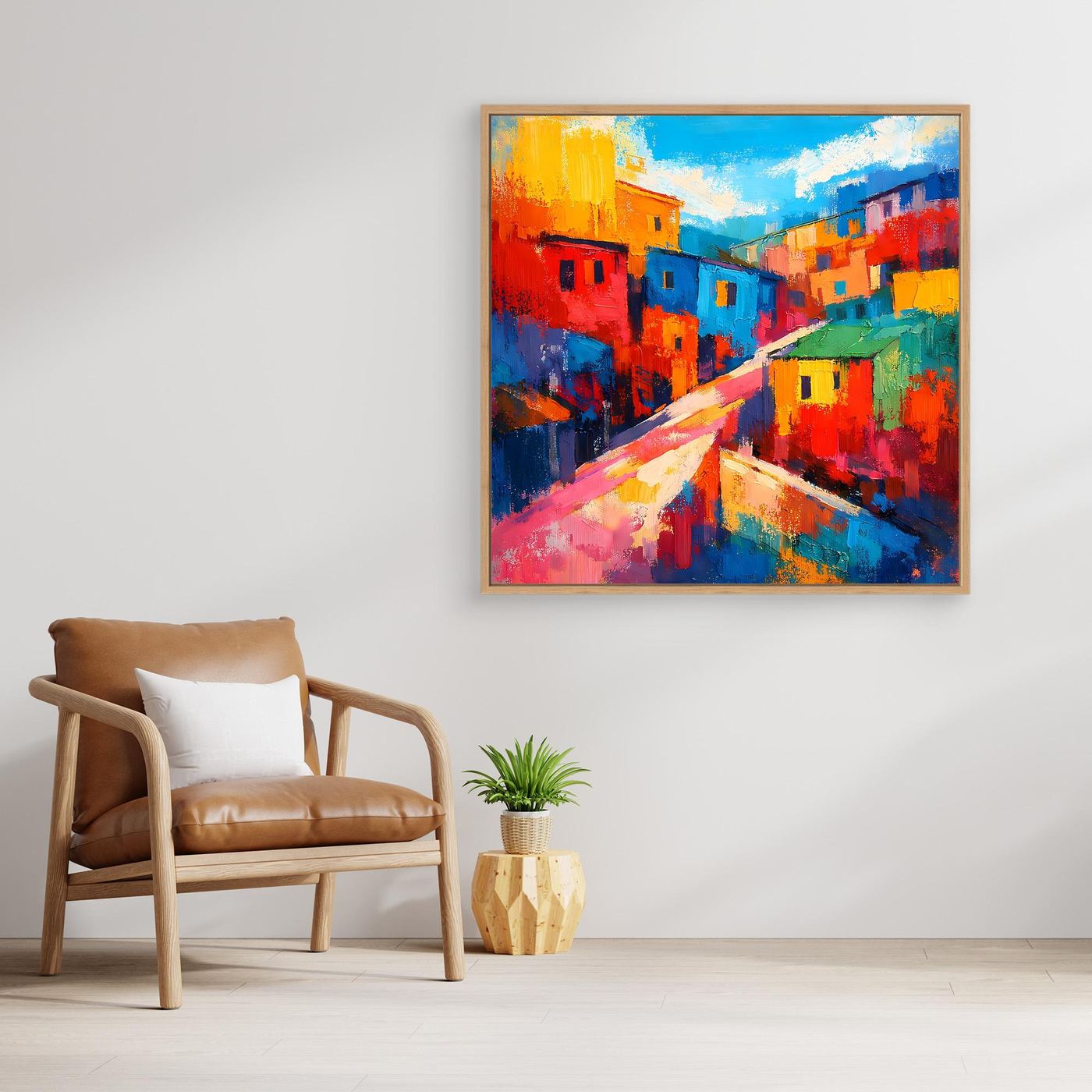 Buntes abstraktes Leinwand-Wandbild mit Stadtstraße und Häusern im Holzrahmen