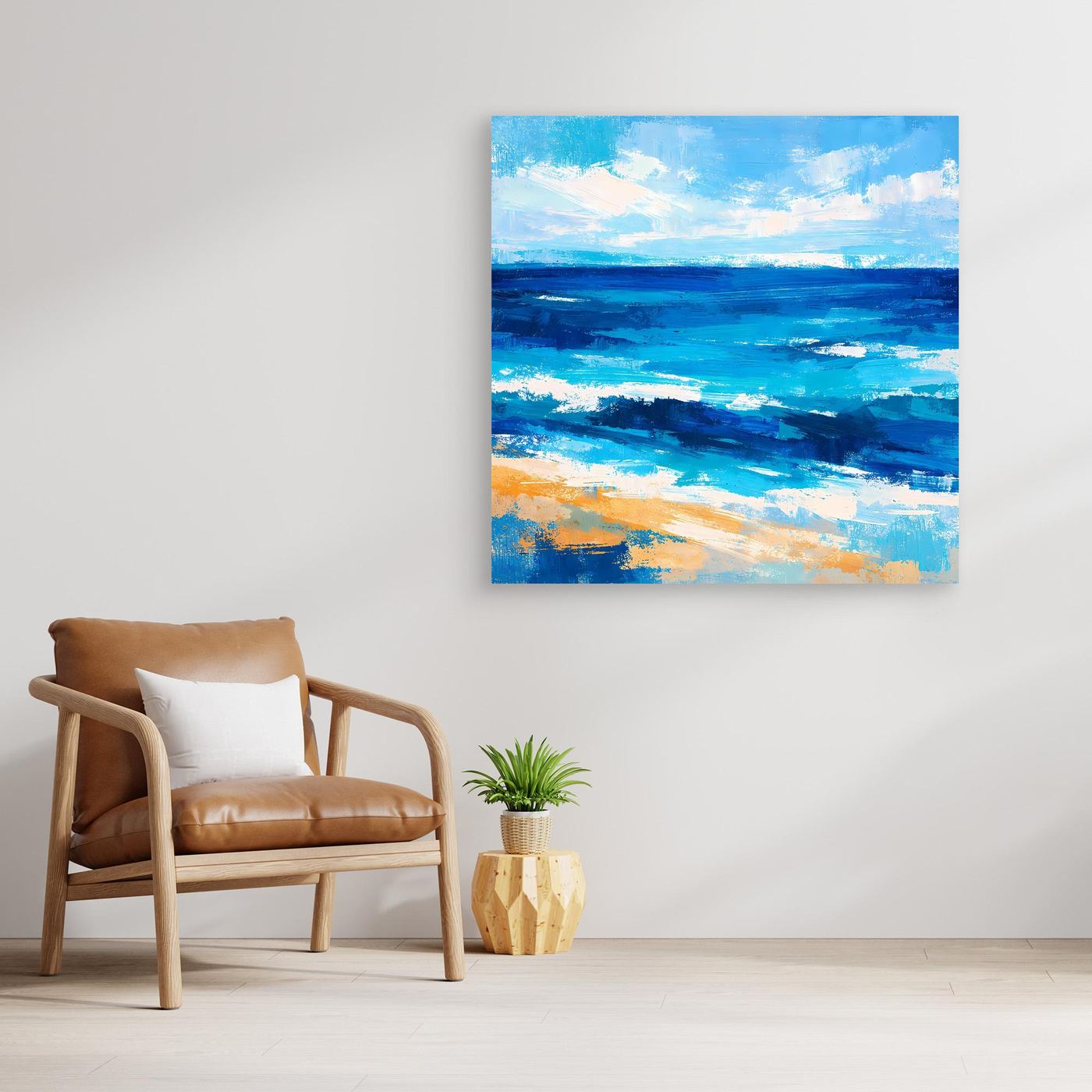 Abstract ocean canvas wall art with blue and beige waves, no visible frame