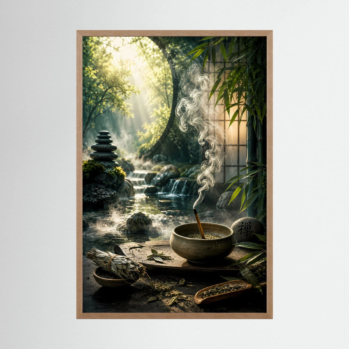 Poster im Hochformat mit hellem Holzrahmen: Zen-Garten mit Räucherschale, Rauch und Bambus