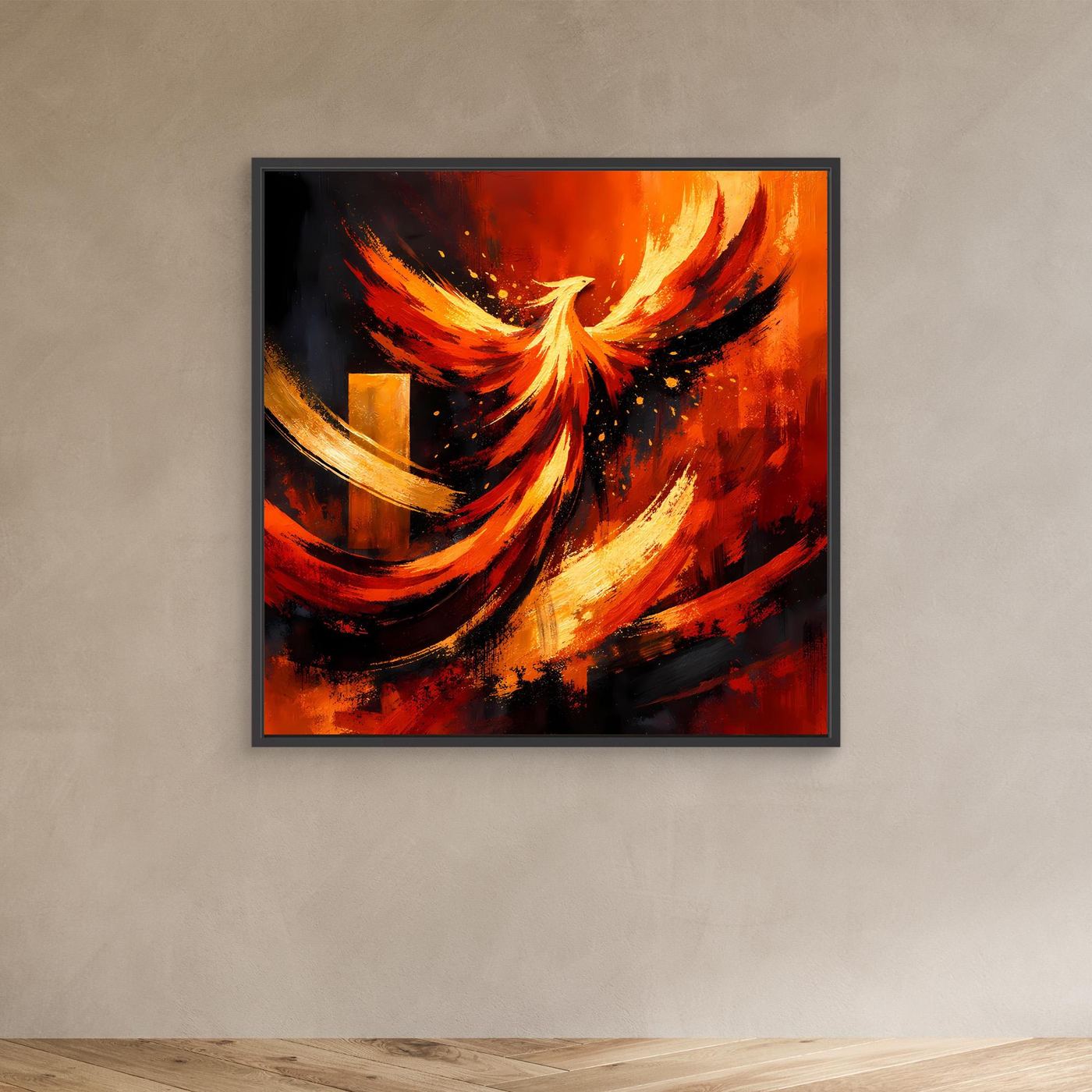 Wandbild aus Leinwand mit Phönixmotiv, rote und orange Flammen mit gelbem Zentrum