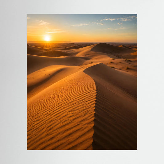 Hochformat-Landschaftsposter mit Wüstendünen im warmen Sonnenuntergang