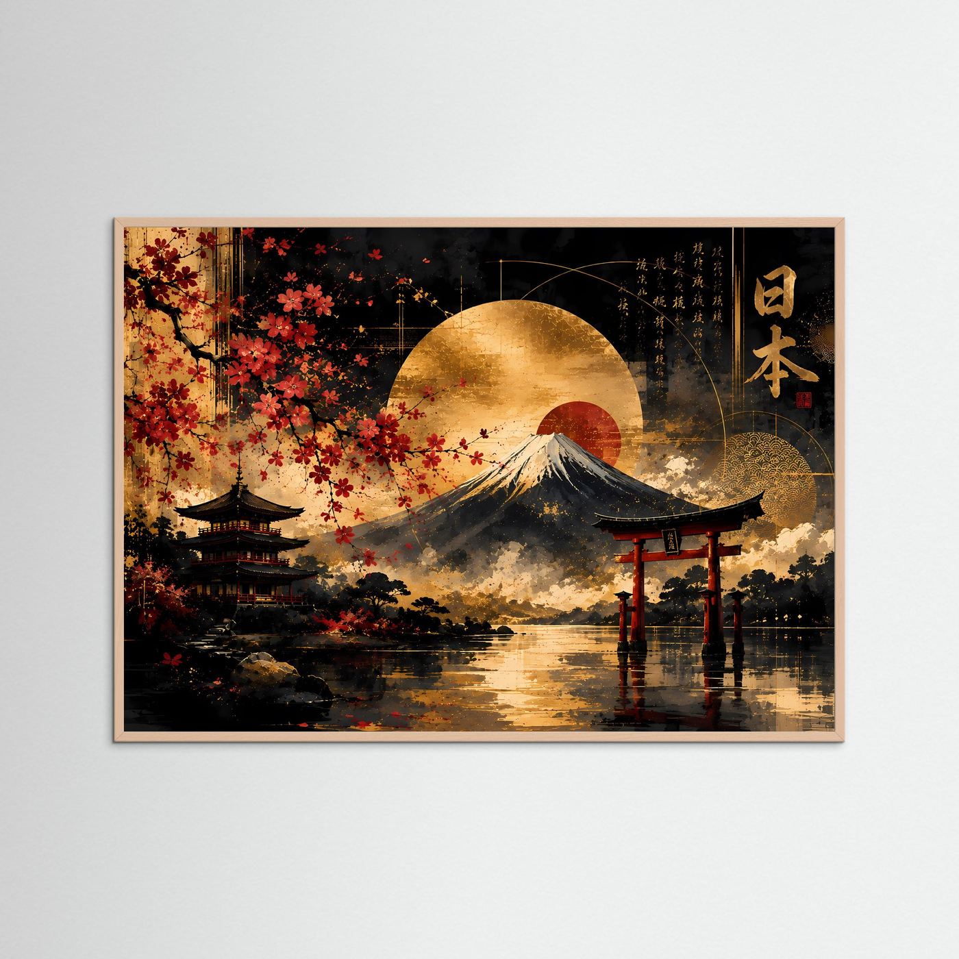 Japanische Landschaft mit Fuji, Kirschblüten und Torii | Goldene Sonne über Pagode und Wasser | Asiatische Wandkunst in Schwarz, Gold und Rot im Querformat