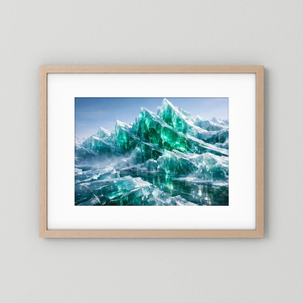 Wandbild mit smaragdgrünen Eisbergen, Holzrahmen helles Eichenholz, Querformat