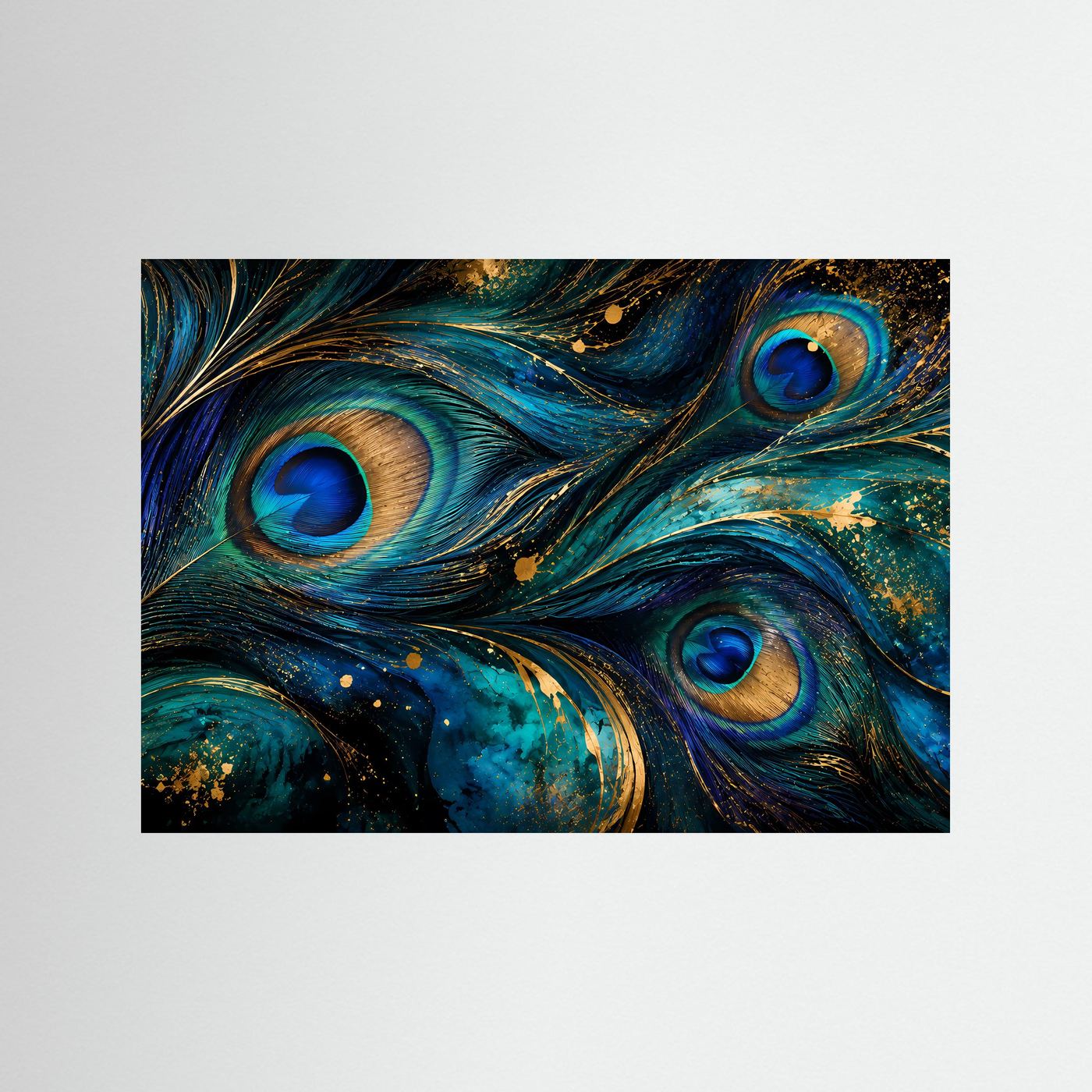 Pfauenfedern Poster | Luxuriöse Blau Gold Wandkunst | Elegantes Abstraktes Pfauenfeder Bild | Modernes Wandbild | Premium Wall Art