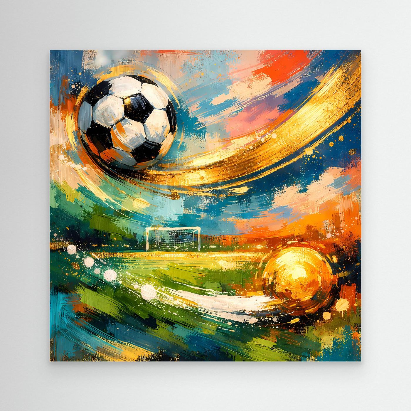 Abstraktes Leinwandbild mit Fußball, bunten Pinselstrichen und Lichtbogen, ohne Rahmen