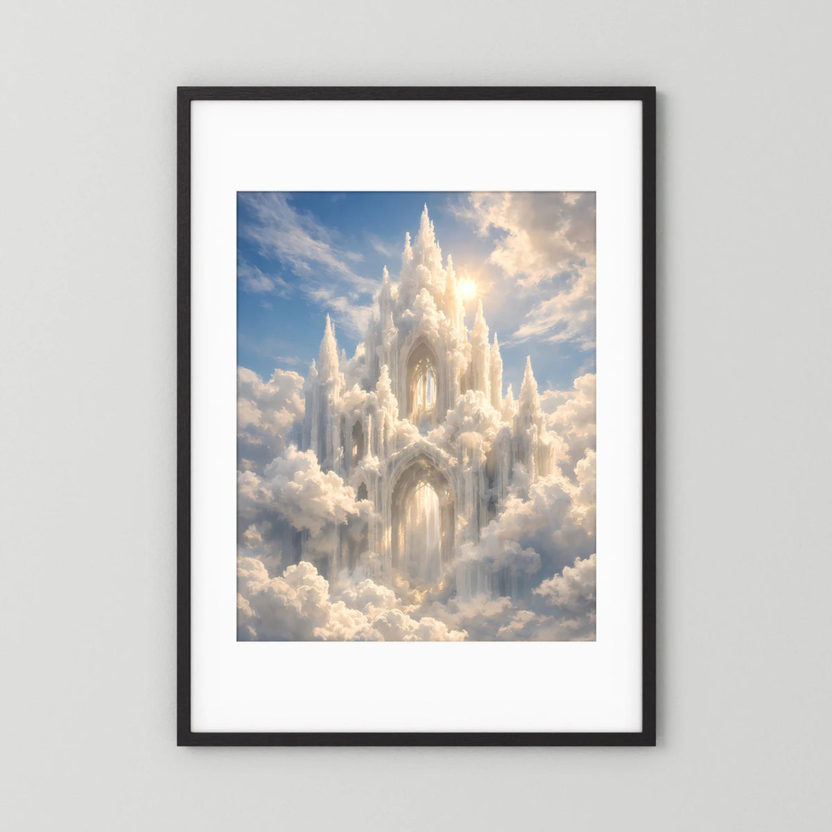 Hochformatposter mit Schloss in Wolken und Sonnenlicht, schwarzer Holzrahmen mit weißem Rand