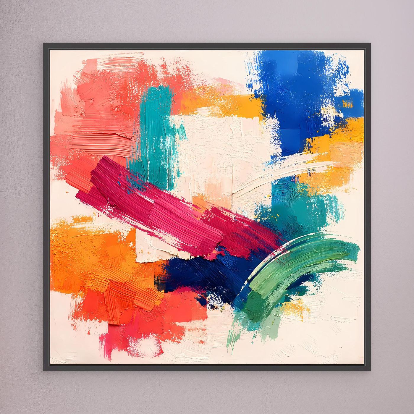 Abstract canvas wall art with black frame, multicolor brush strokes on light background