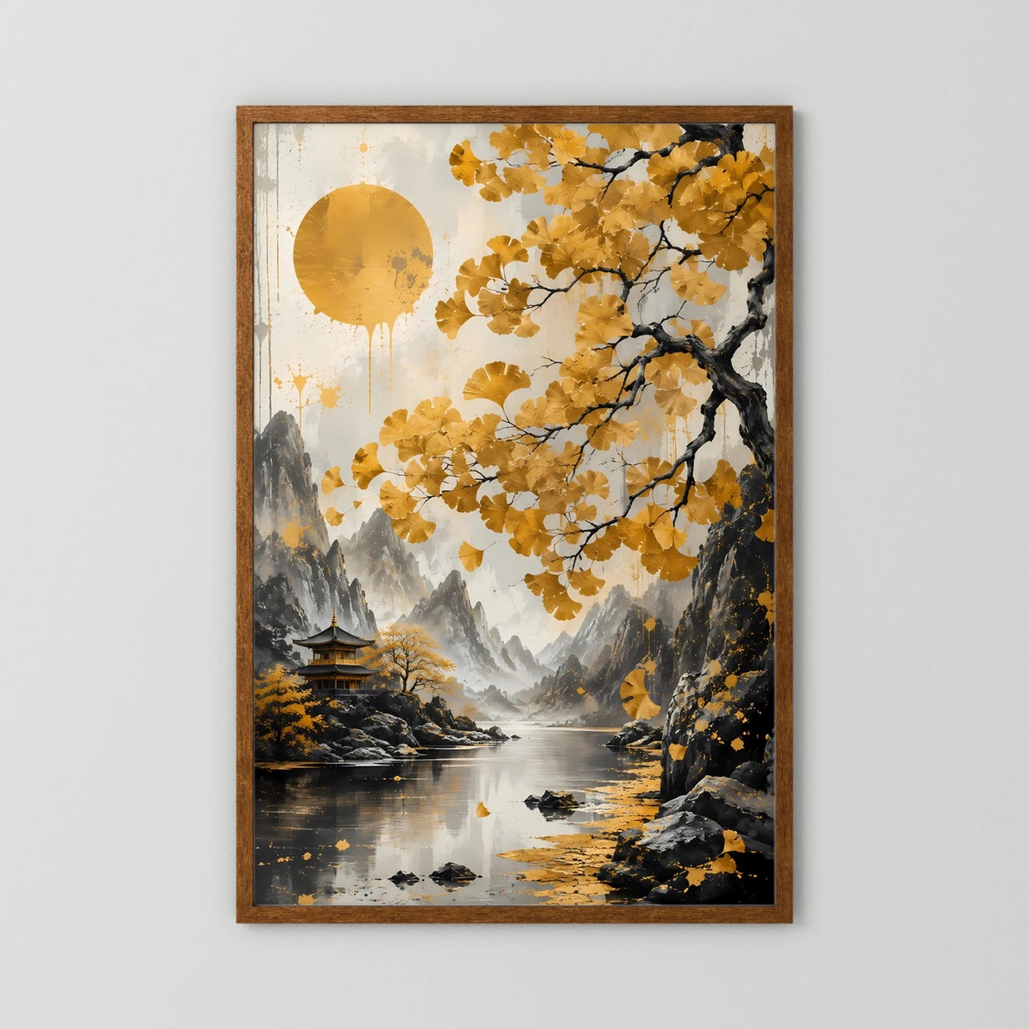 Vertikales Poster: Goldene Herbstbaumkrone über Bergsee mit Tempel, Sonnenkreis, brauner Rahmen