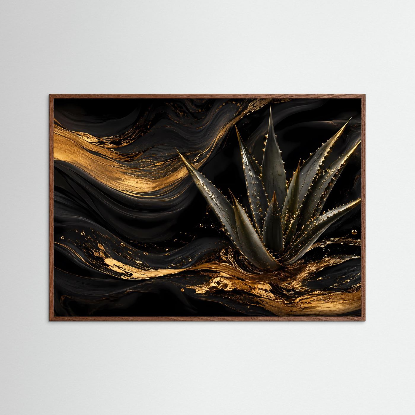 Querformat-Poster mit abstrakter Aloe in Schwarz und Gold, brauner Holzrahmen