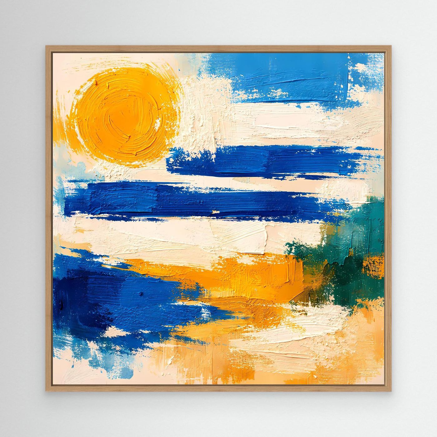 Abstract canvas wall art in an oak frame with blue wave strokes and a yellow sun circle