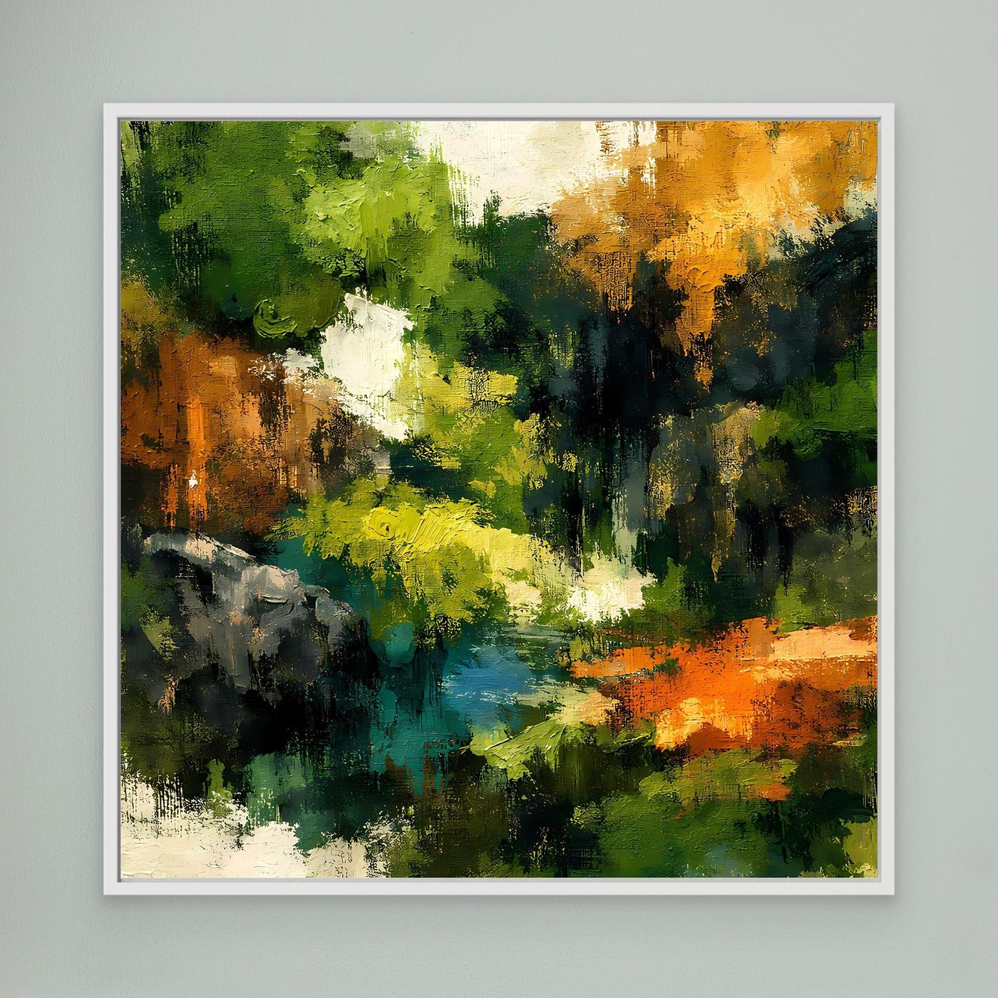 Wandbild mit abstrakter Waldlandschaft, weiß gerahmt, grüne und orange Farbflächen