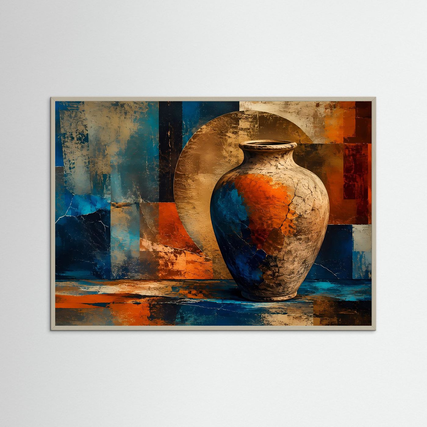 Abstrakte Keramik Vase Poster | Moderne Stillleben Wandkunst | Geometrische Fine Art | Boho Minimalismus | Terrakotta Blau Gold | Premium Wandbild