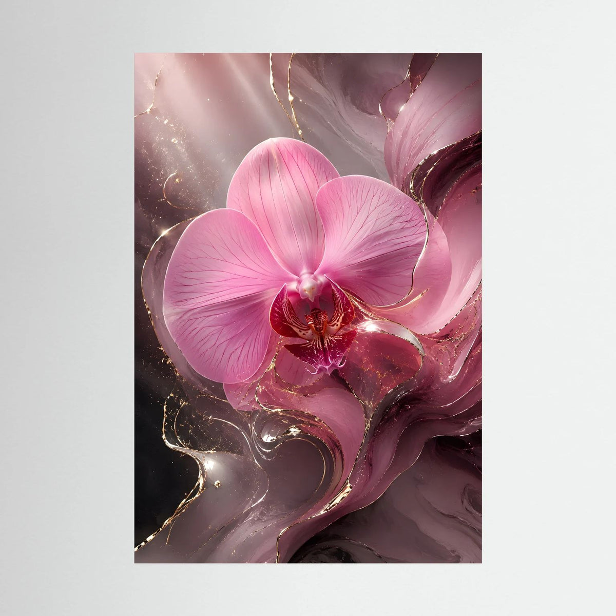 Rosa Orchideenblüte als abstraktes Hochformat-Wandposter mit goldenen Akzenten