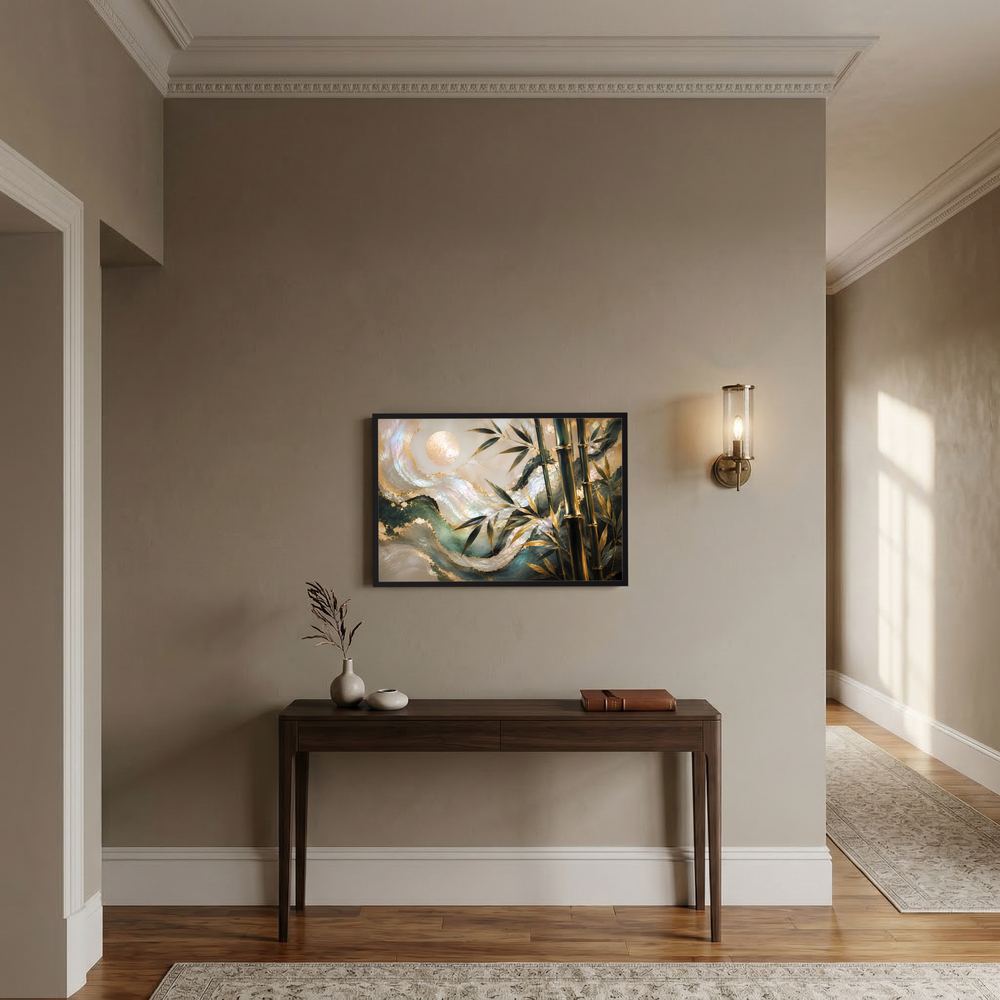 Wandkunst im Querformat: gerahmtes Naturmotiv mit Bambusblättern in Gold-, Weiß- und Grüntönen