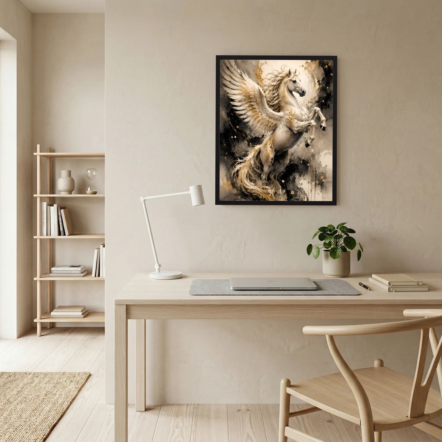 Gerahmtes Wandposter mit Pegasus-Illustration: weißes geflügeltes Pferd, Goldtöne