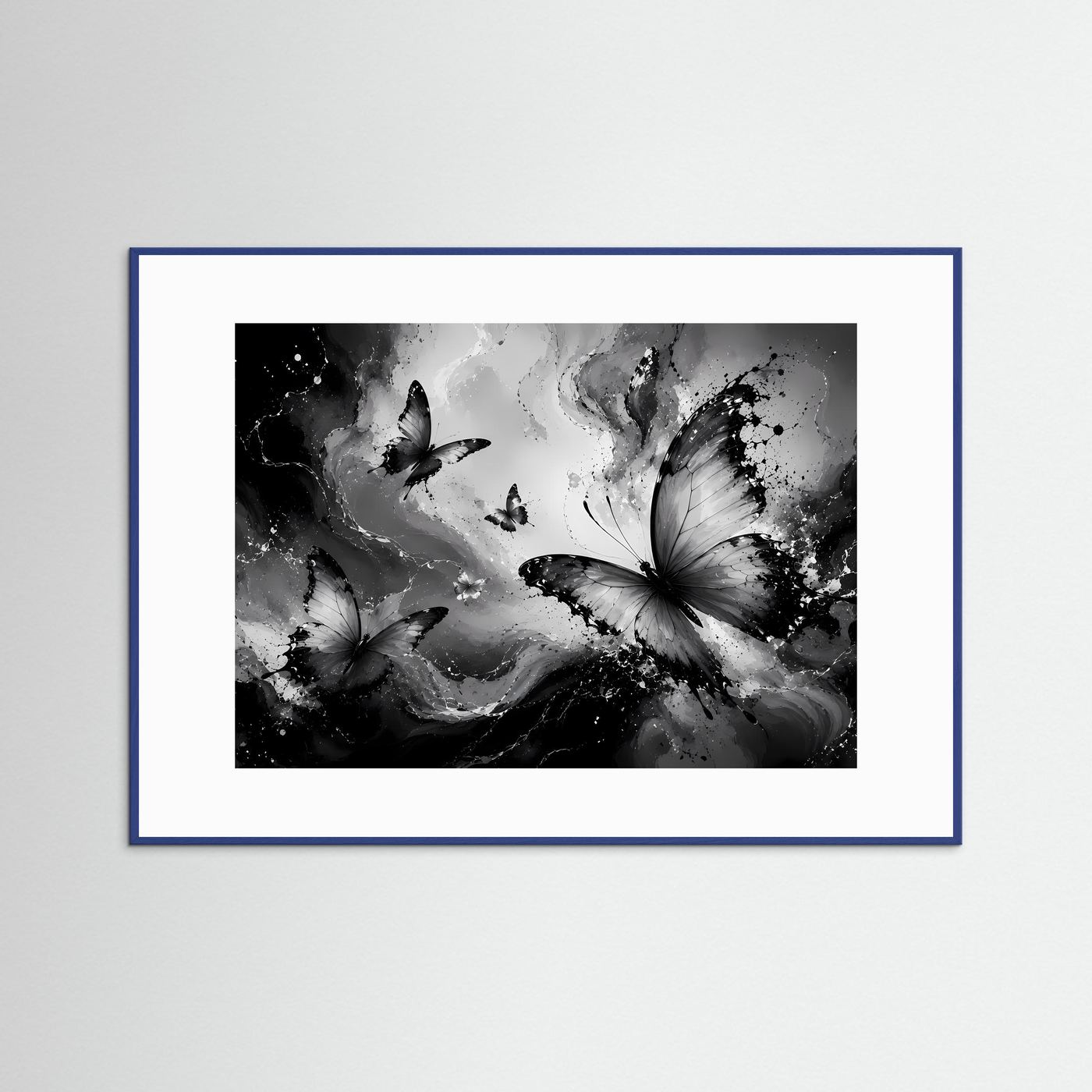 Schmetterlinge Schwarz Weiß Poster Querformat | Abstrakte Butterfly Wandkunst Modern | Monochrome Leinwandkunst