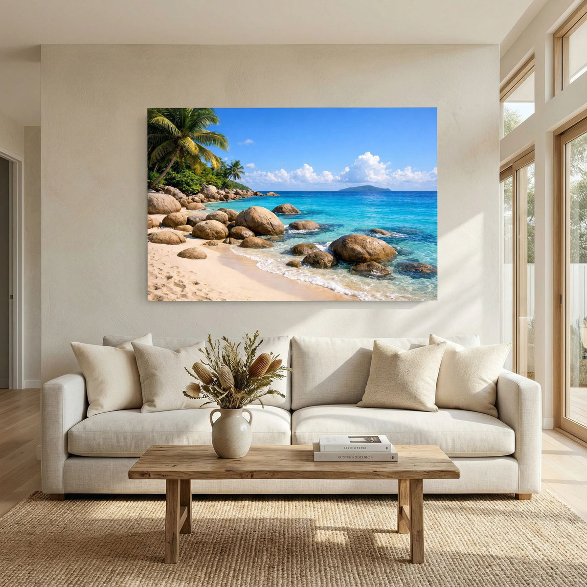 Poster im Querformat mit Sandstrand, Granitfelsen und türkisblauem Meer