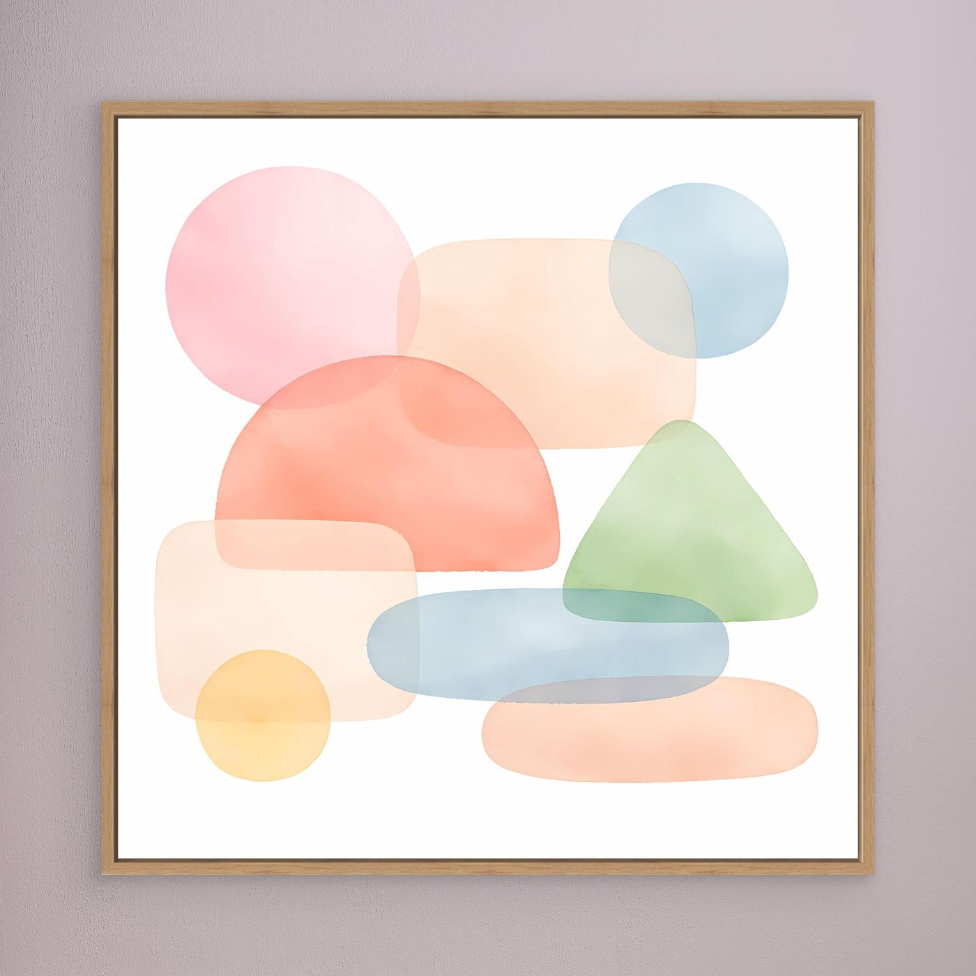 Leinwandbild mit abstrakten Pastellformen in Pink, Blau, Grün und Beige, braun gerahmt