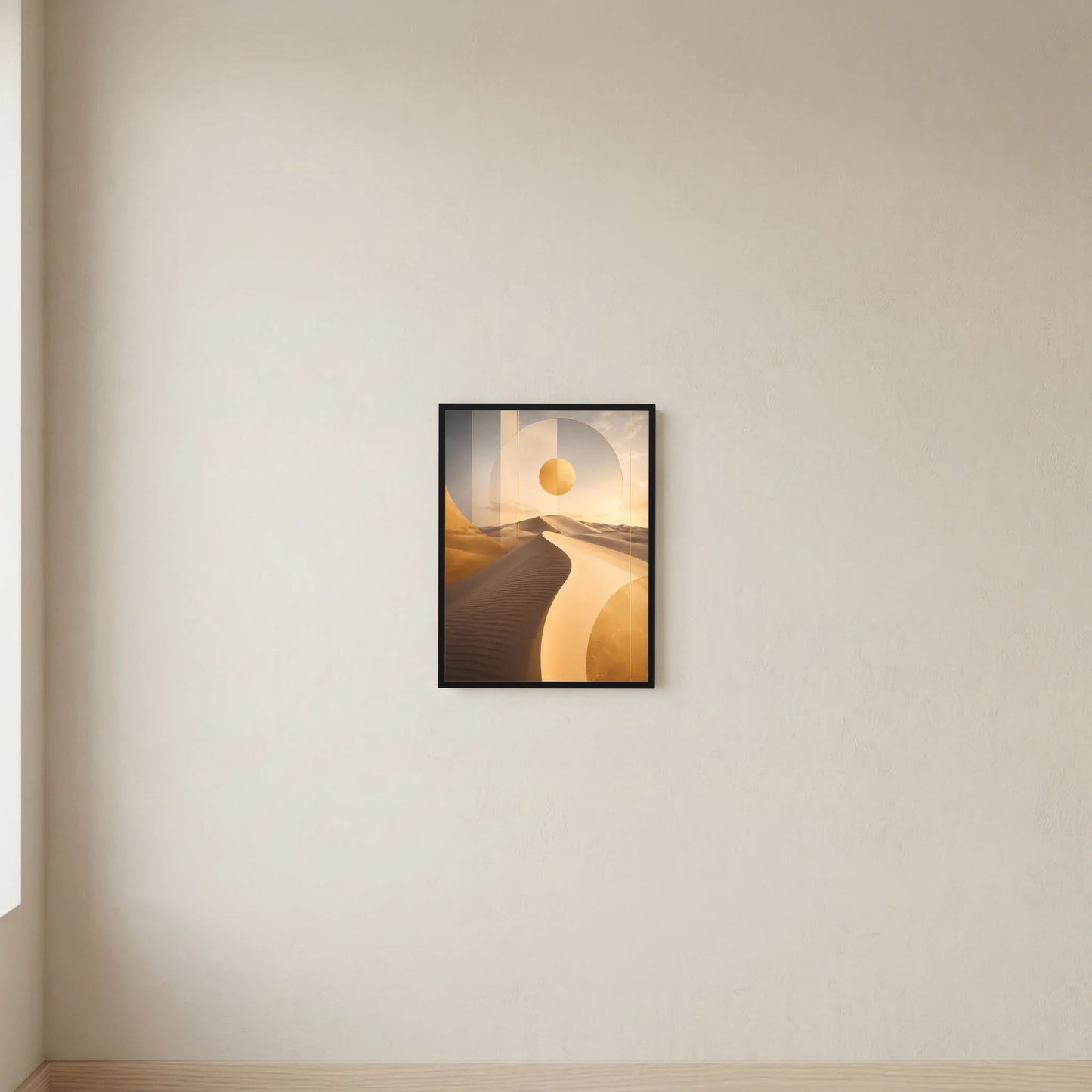 Hochformatiges Poster mit abstrakten Dünen und goldener Sonne, dunkler Rahmen