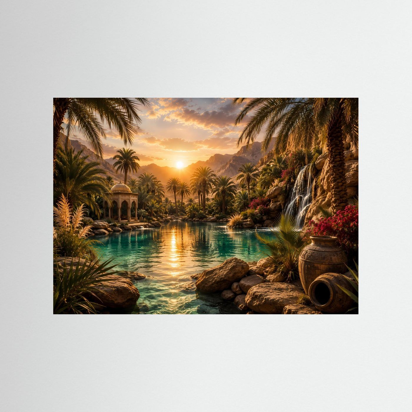 Poster im Querformat mit schwarzem Rahmen, tropische Oase am See mit Palmen und Wasserfall