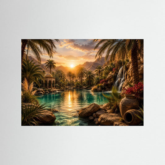 Poster im Querformat mit schwarzem Rahmen, tropische Oase am See mit Palmen und Wasserfall
