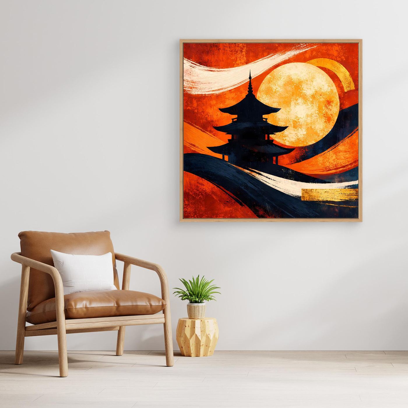 Gerahmtes Leinwandbild mit schwarzer Pagode, Vollmond und abstrakten Wellen in Rot