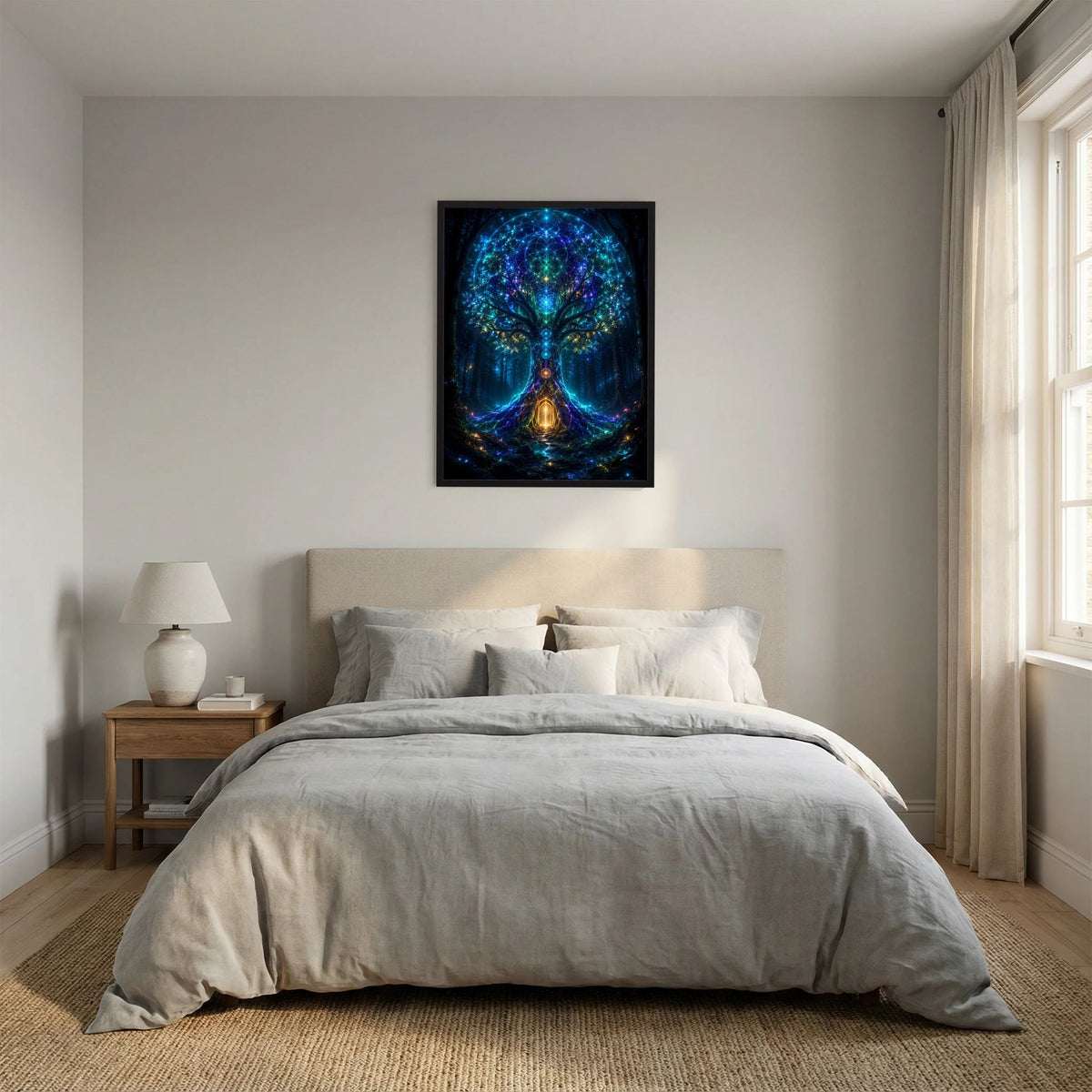 Hochformat-Poster mit schwarzem Rahmen, leuchtender Baumportal-Optik in Blau