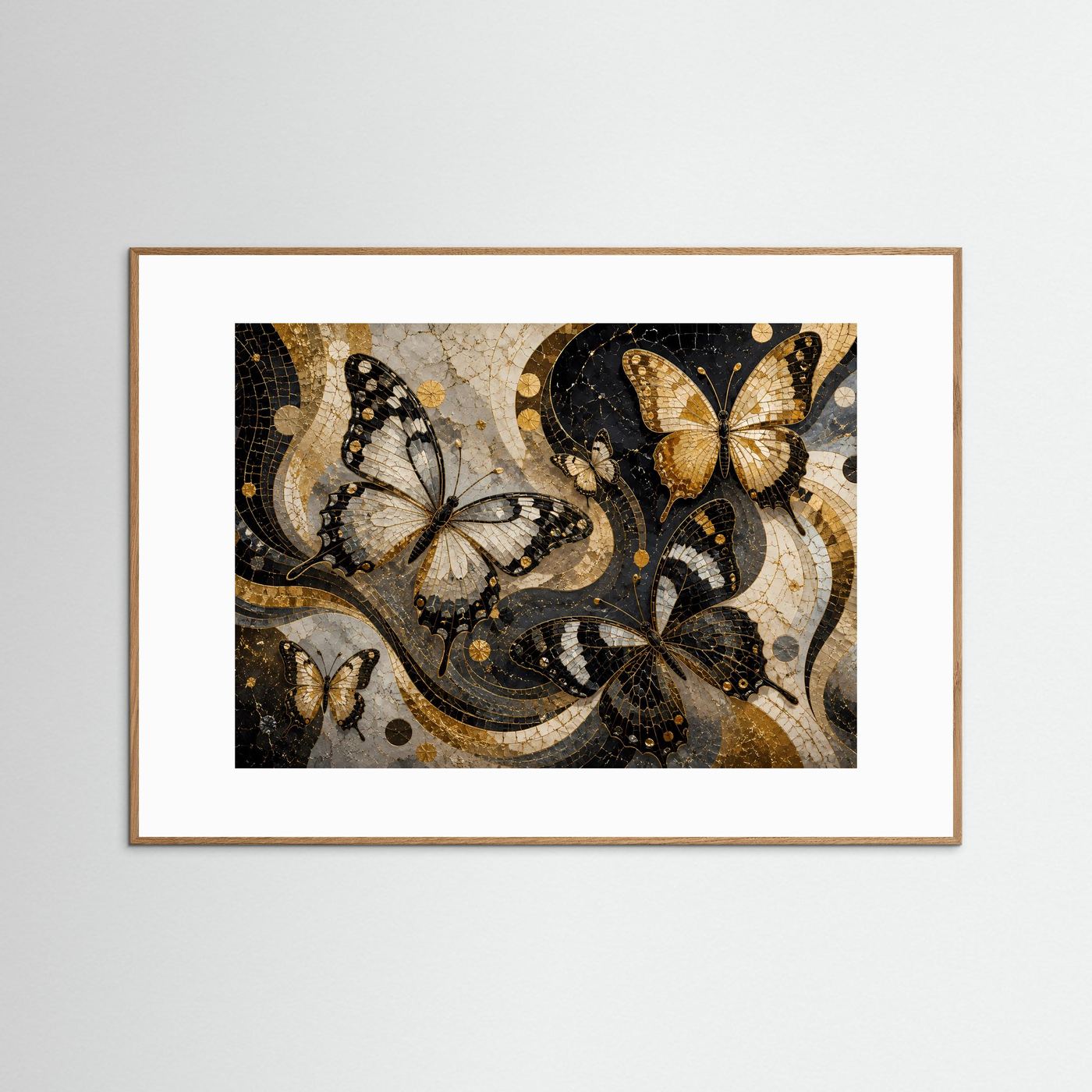 Querformat-Poster mit gold-schwarzer Schmetterlingsmosaik, Rechteck, brauner Rahmen