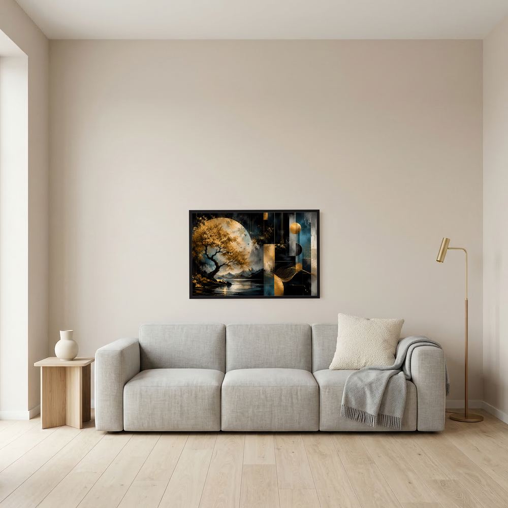Abstraktes Querformat-Poster an der Wand mit Baum, Mond und geometrischen Formen