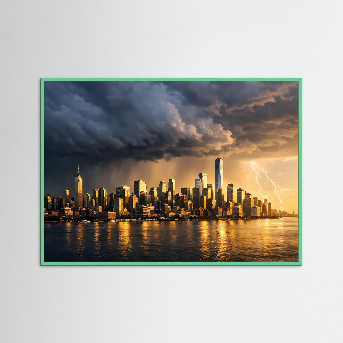 Panorama-Wandbild mit grünem Rahmen: Skyline bei Sonnenuntergang, Gewitterwolken über dem Wasser