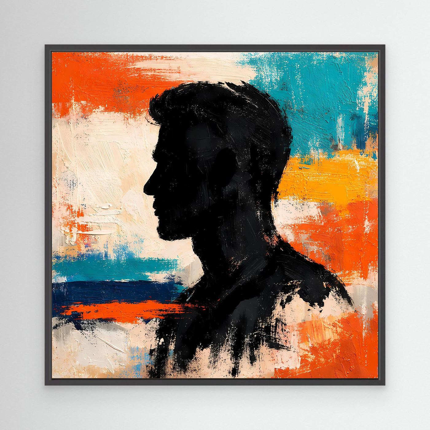 Framed abstract canvas wall art featuring a black male side-profile silhouette with bold colors