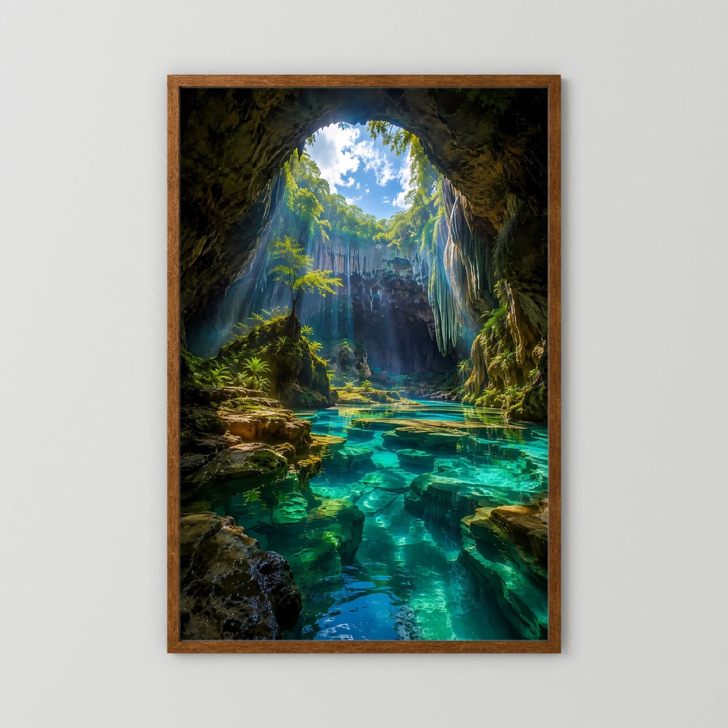 Verborgene Höhle mit türkisblauem Wasser | Mystische Natur-Oase im Sonnenlicht | Poster Hochformat