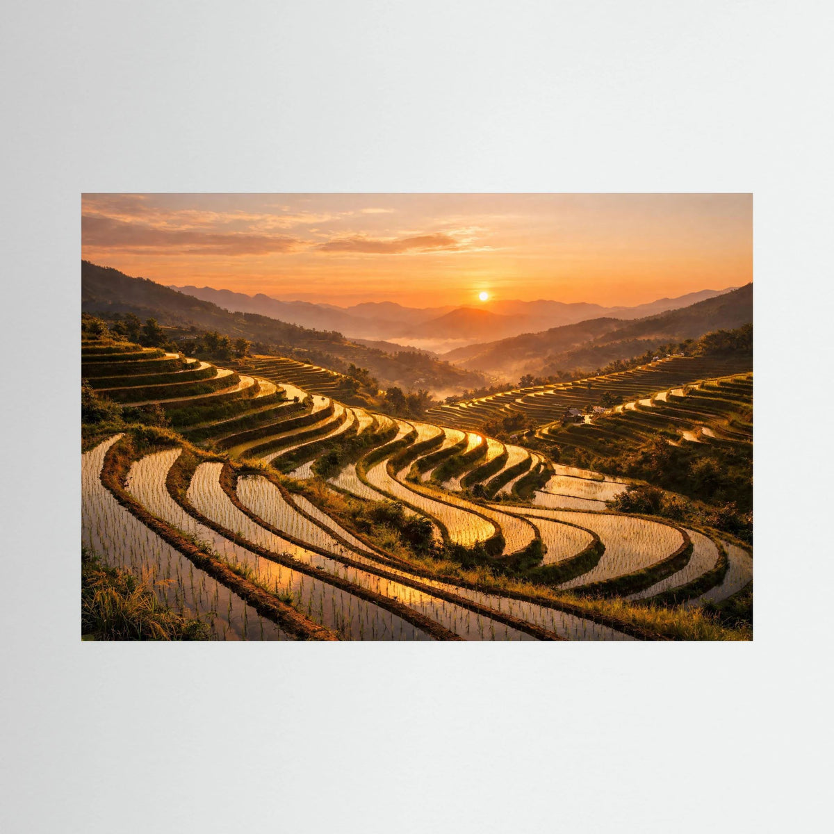 Wandbild mit Reisterrassen bei Sonnenuntergang, Landschaftsmotiv im Querformat