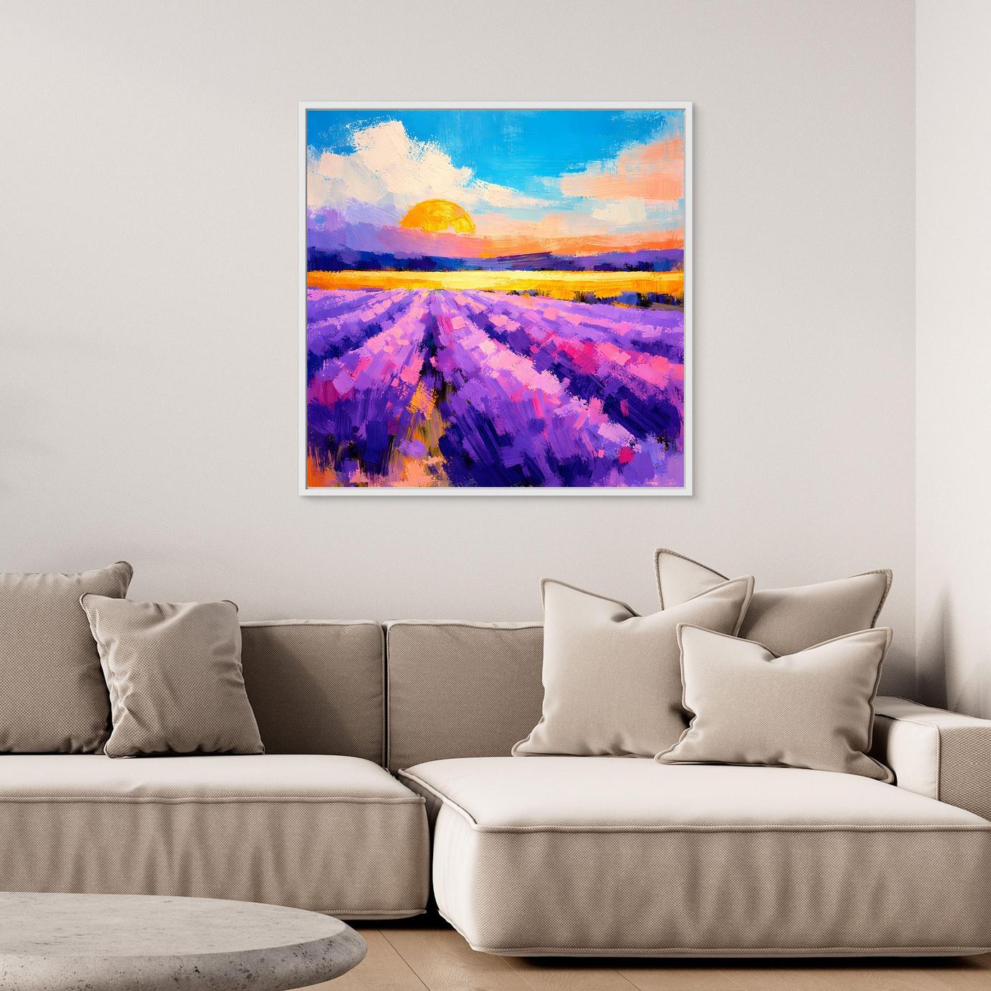 Abstraktes Leinwand-Wandbild mit Lavendelfeld und Sonnenuntergang, mit weißem Rahmen