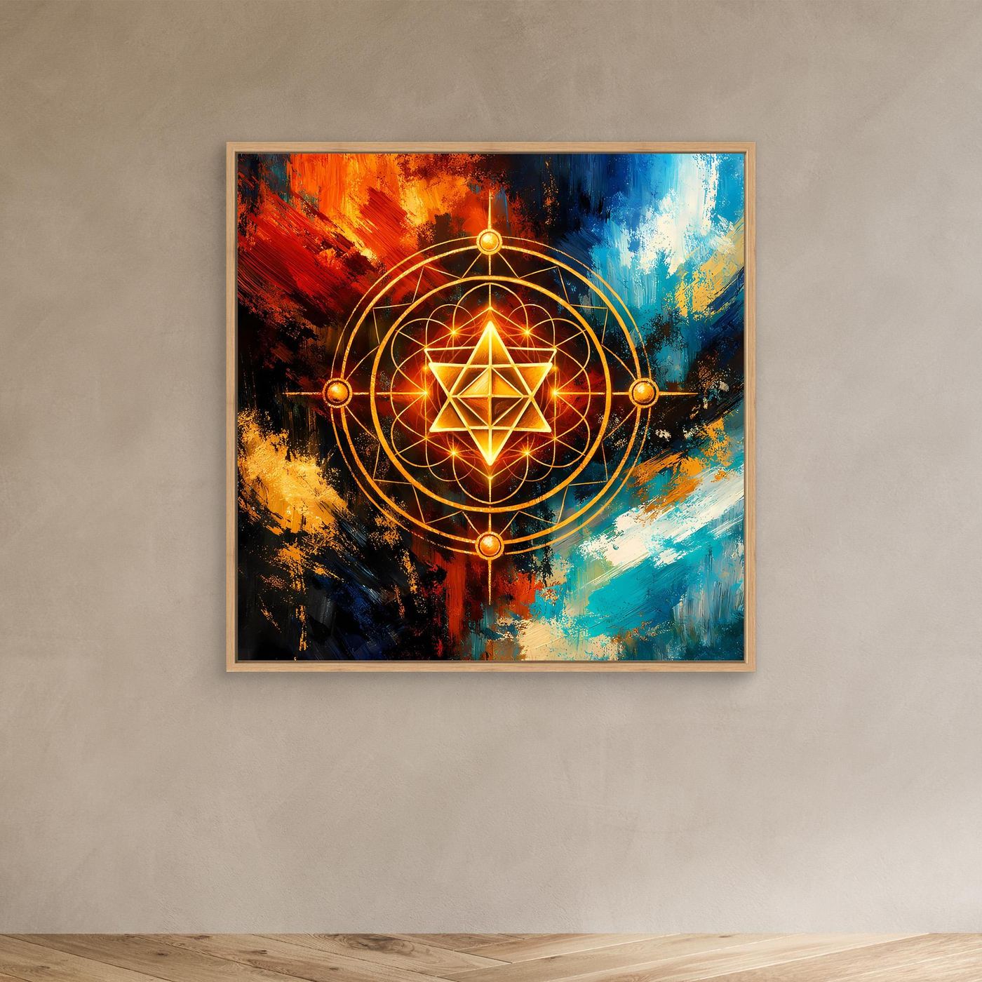Kleines gerahmtes Leinwandbild mit goldener Merkaba-Geometrie und leuchtendem Stern, Eichenrahmen