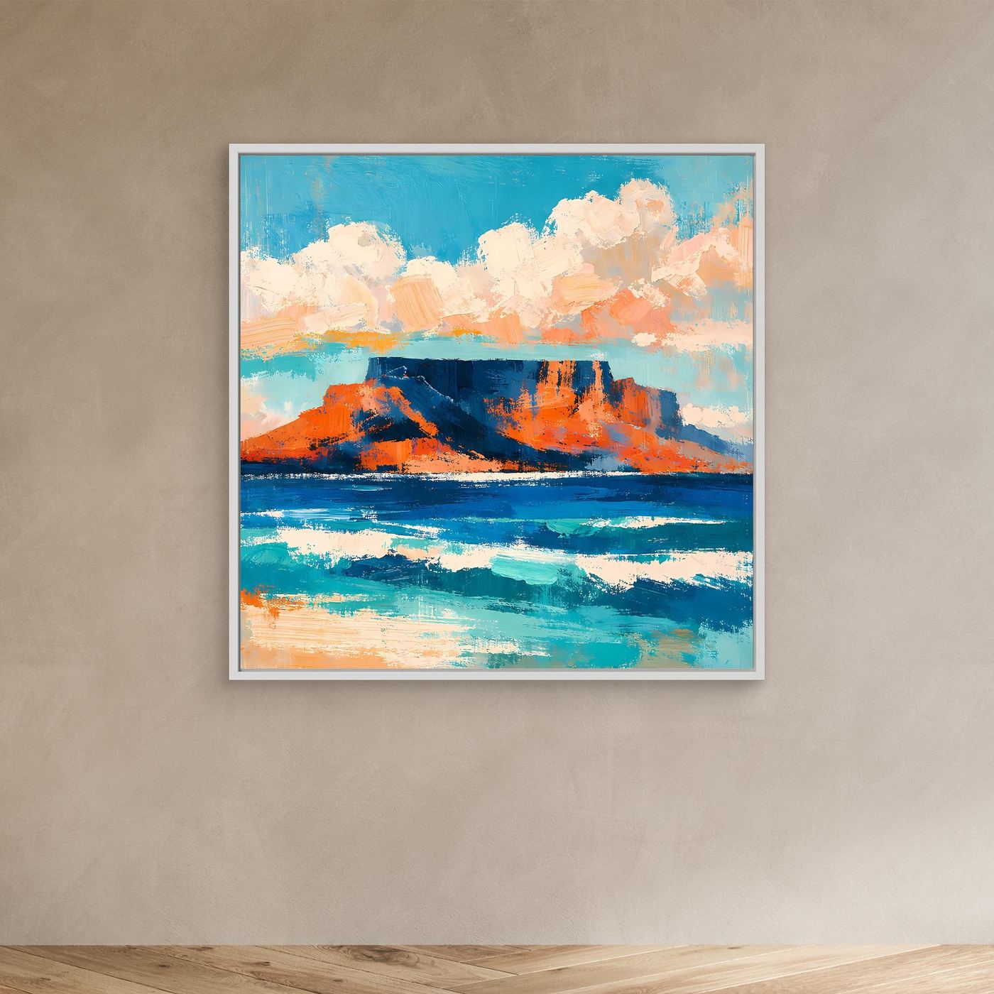 Abstraktes Leinwand-Wandbild mit türkisblauem Himmel, orangefarbenen Felsen und Meer; Weißrahmen