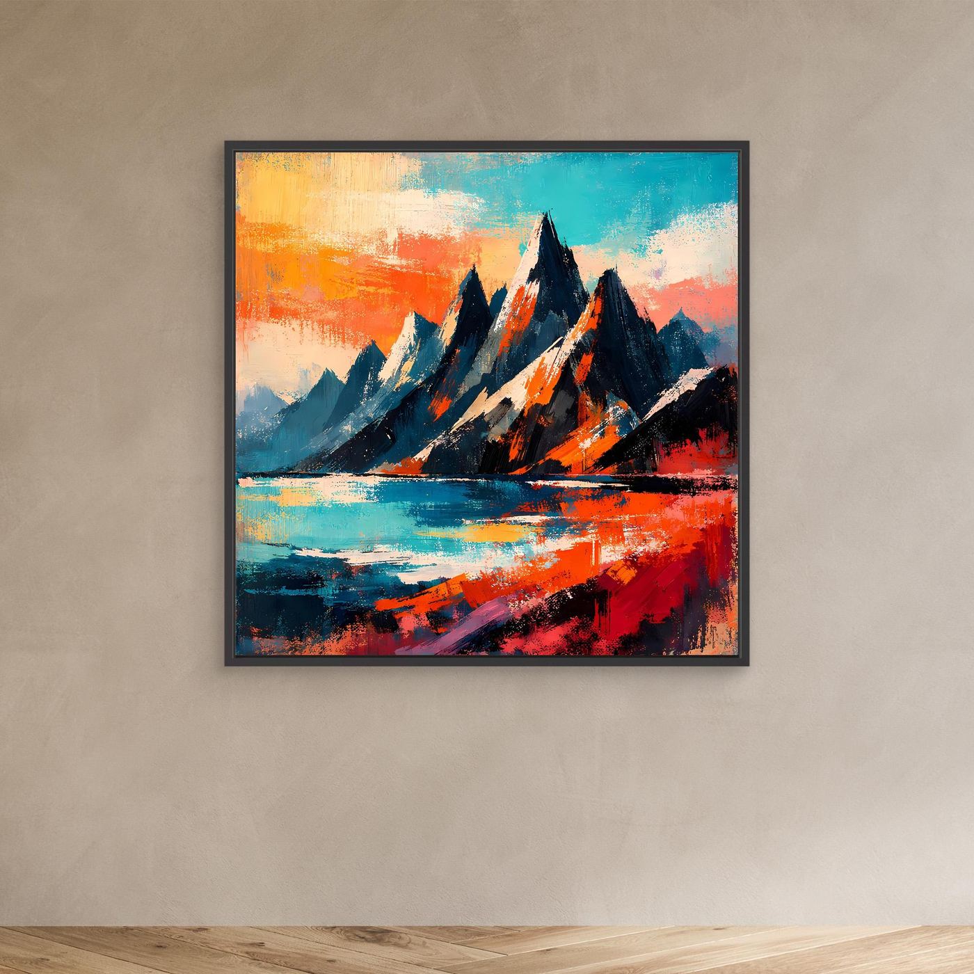 Abstraktes Leinwand-Wandbild mit Bergen und Wasserfall, schwarzer Rahmen