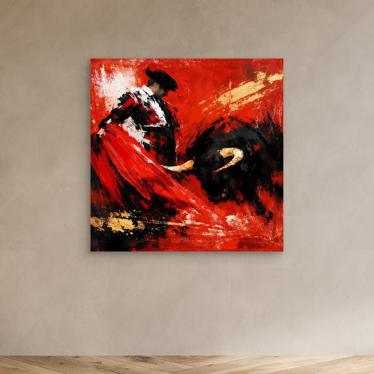 Leinwand-Wandbild mit abstraktem Torero und Stier, kräftige rote Pinselstriche