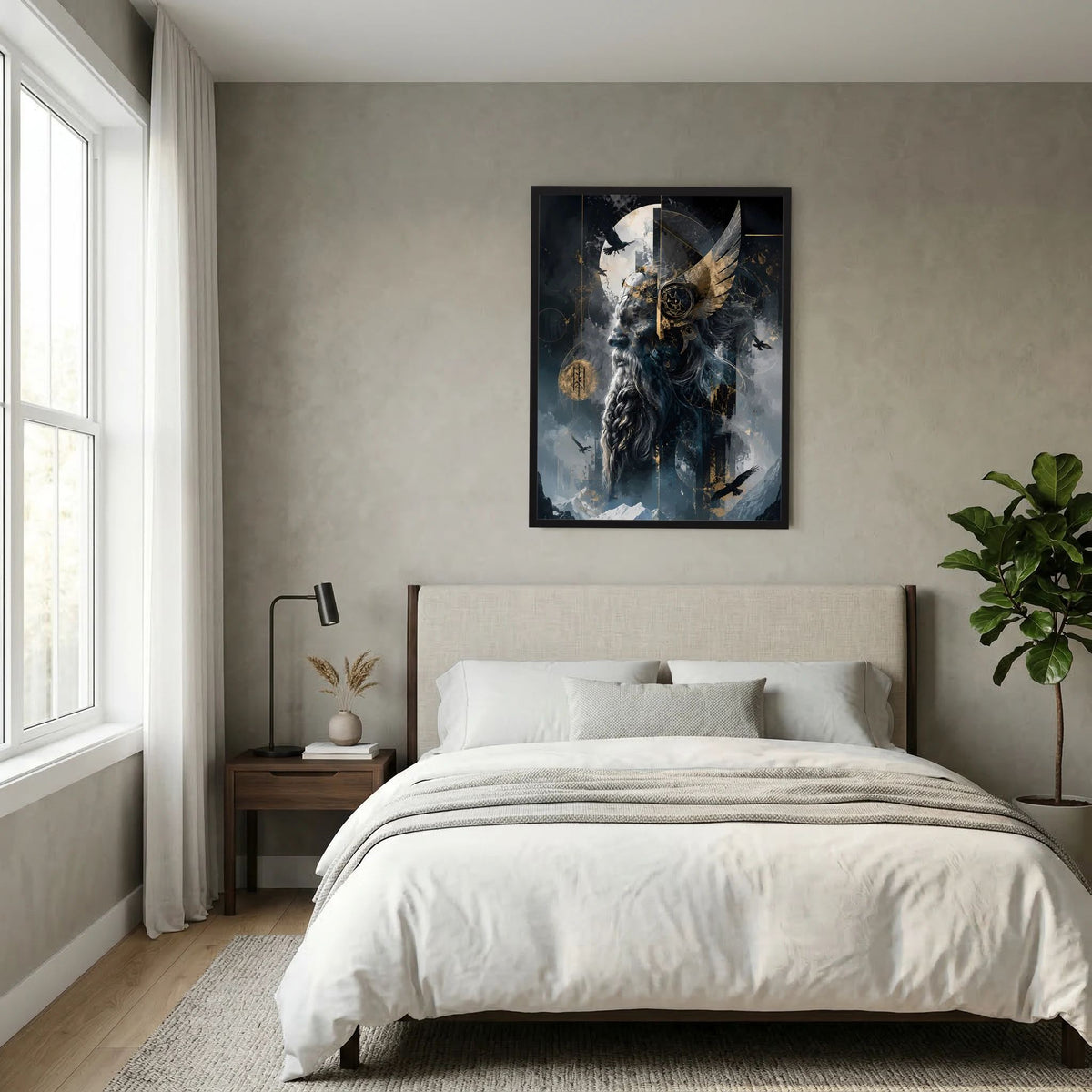 Hochformat-Poster im schwarzen Rahmen mit geflügeltem Wolfswesen, Mond und goldenen Akzenten