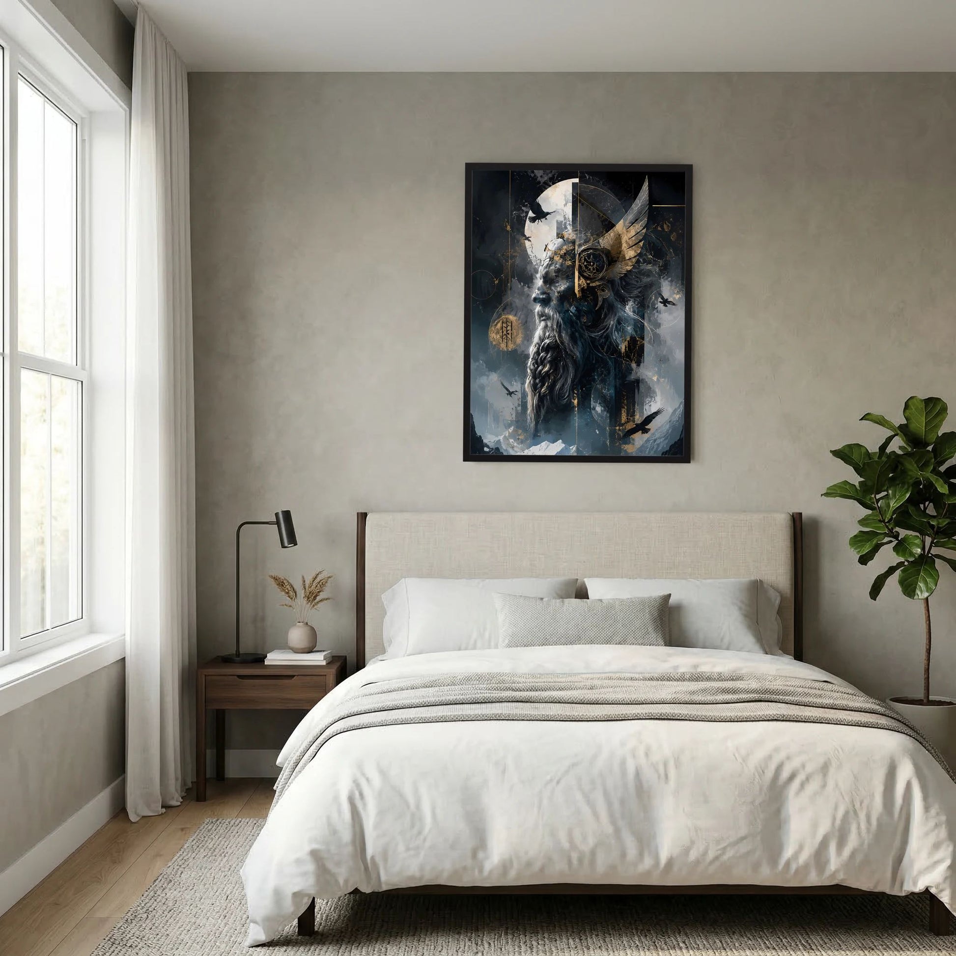Hochformat-Poster im schwarzen Rahmen mit geflügeltem Wolfswesen, Mond und goldenen Akzenten