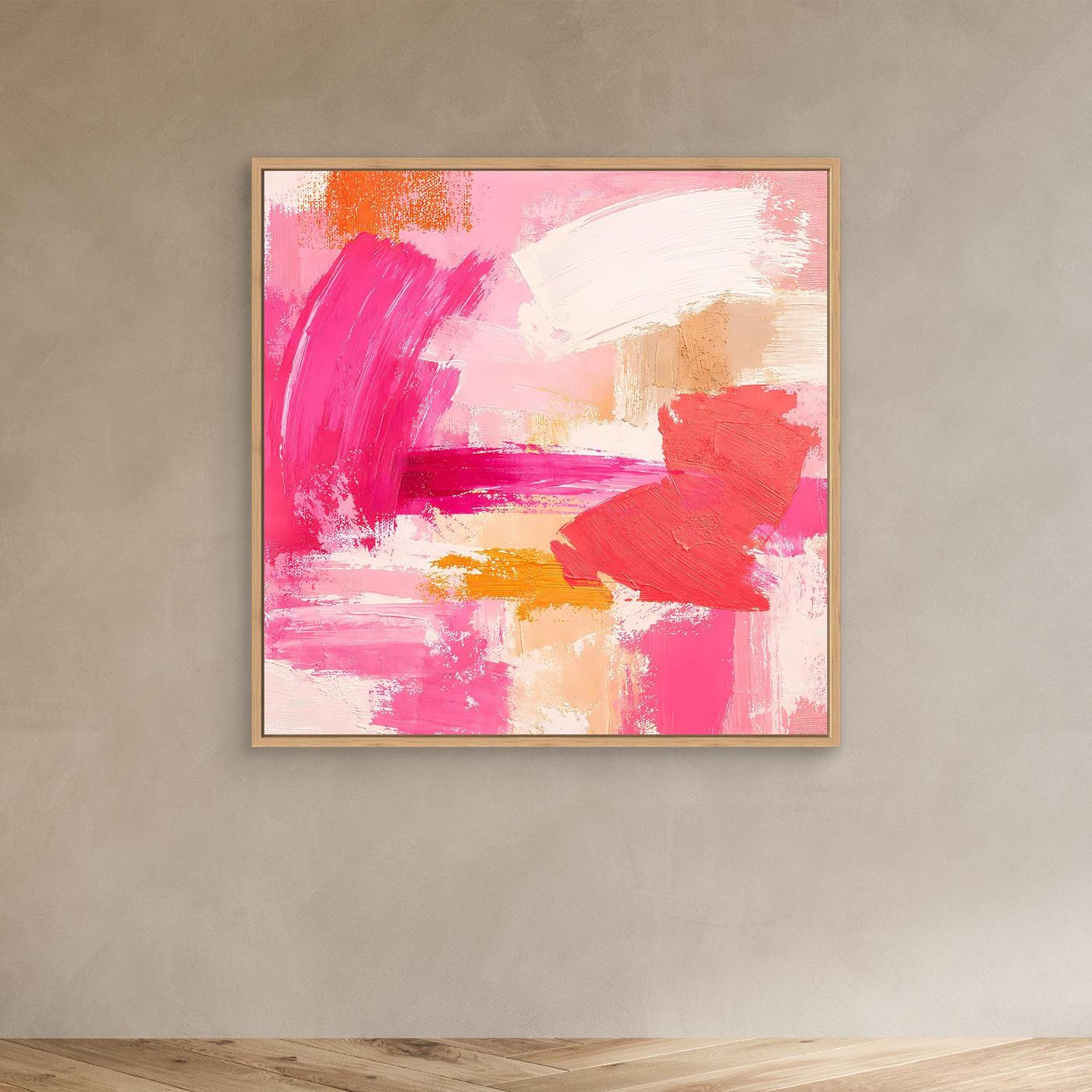 Leinwand-Wandbild abstrakt mit Pinselstrichen in Rosa, Beige und Rot, mit hellbraunem Rahmen