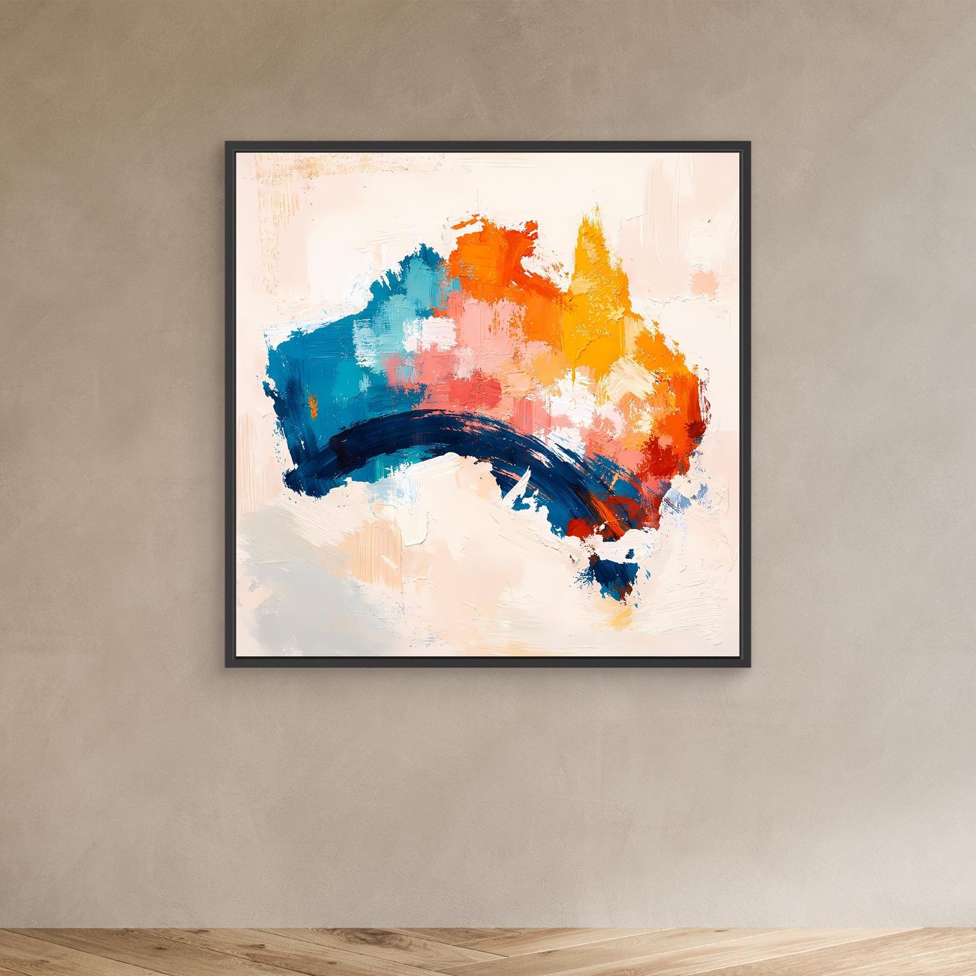 Abstract Australia map canvas wall art with multicolor brushstrokes in a black frame.