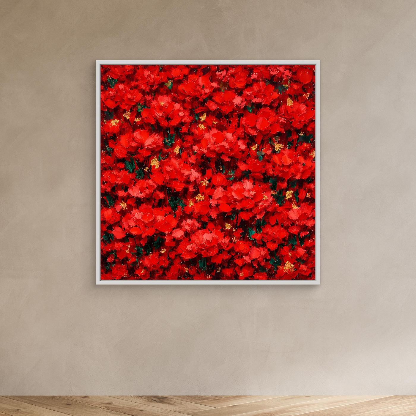 Rotes florales Acrylbild mit abstraktem Blütenmeer, weißer Rahmen