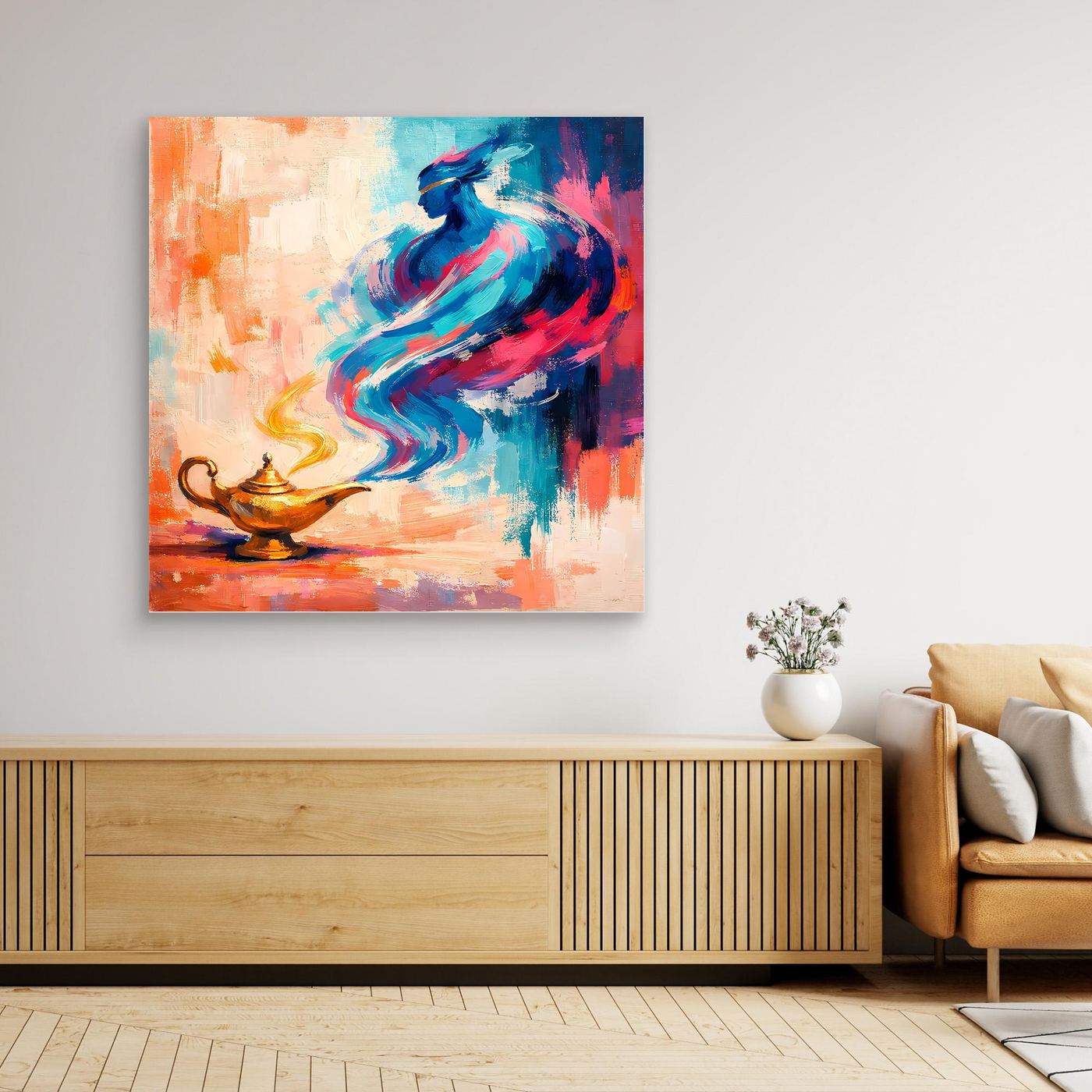 Abstraktes Leinwandbild mit Flaschengeist, blaue und rosa Pinselzüge, goldene Lampe