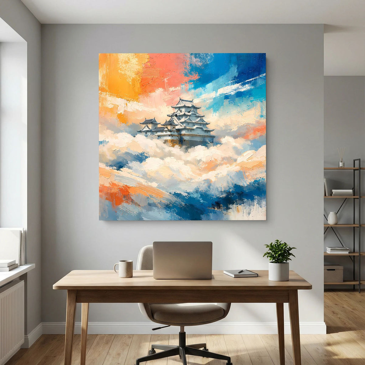 Rechteckiges Leinwandbild: japanische Burg zwischen Wolken, Akzente in Blau und Orange.
