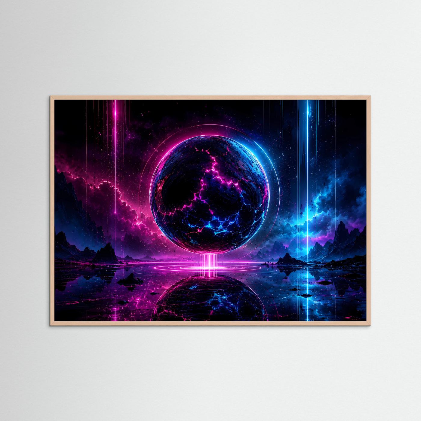 Neon Sphäre Poster Querformat | Futuristische Kosmische Wandkunst in Pink & Blau | Sci-Fi Wandbild Modern
