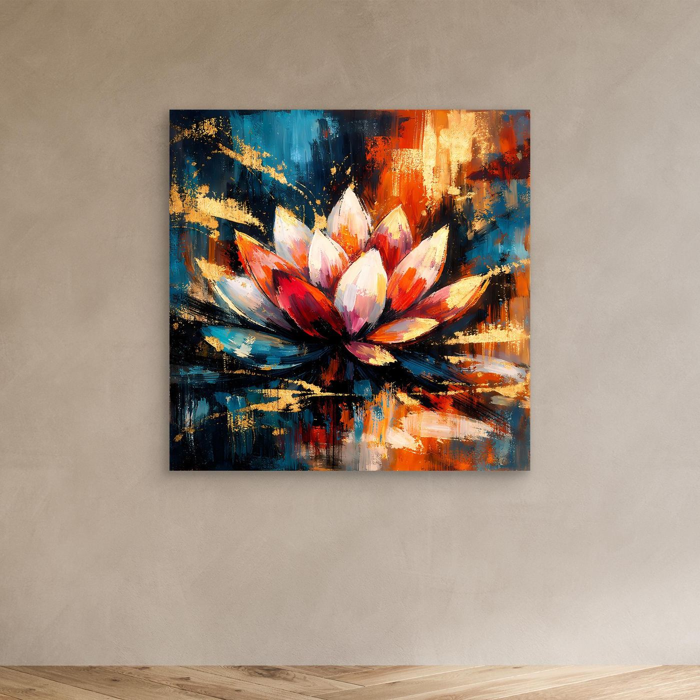 Leinwandbild mit abstrakter Lotusblüte in Blau, Rot und Gold