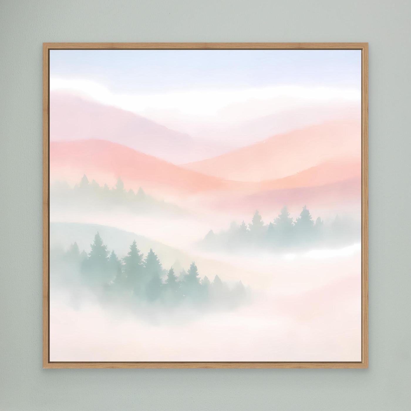 Leinwandbild mit nebligem Bergmotiv, Pastellfarben, im Eichenrahmen