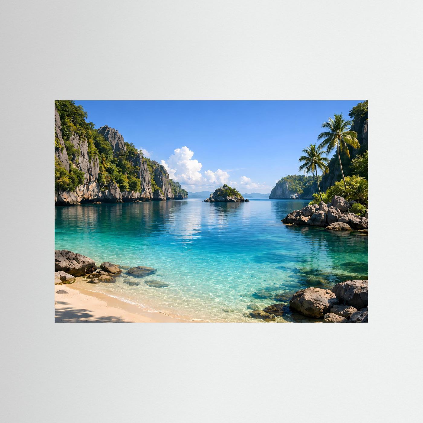 Strand-Poster im Querformat mit türkisblauem Meer, Felsen und Palmen